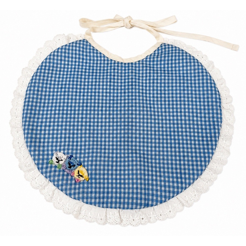 Primitive Baby Bib Blue White Gingham Kitten Embroidered Eyelet Lace Handmade